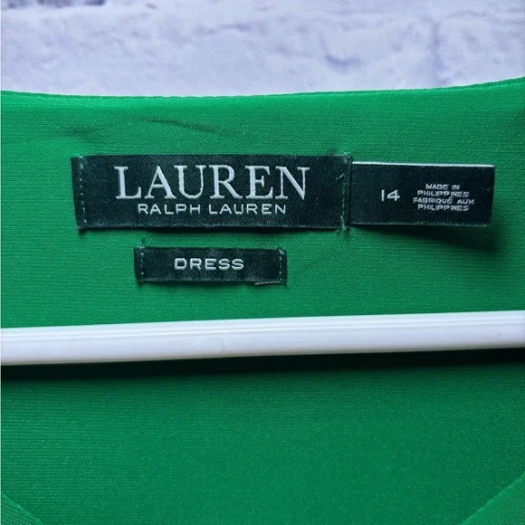 Lauren Ralph Lauren Dress Size 14 Navy Green Midi Ruched Sheath Classic Luxury - Picture 4 of 11
